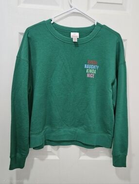 Green Crewneck Sweatshirt with 'Kinda Naughty Kinda Nice' Text